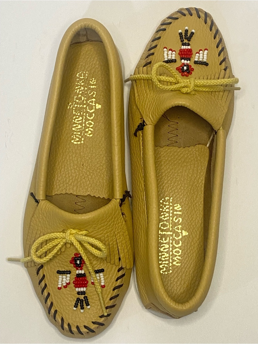 EUC Minnetonka Thunderbird Animikii Hardsole Moccasins Natural Leather Size 9 - Picture 2 of 9